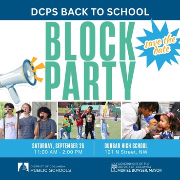 Image promotes the DCPS Block Party happening at Dunbar on Saturday, September 26.