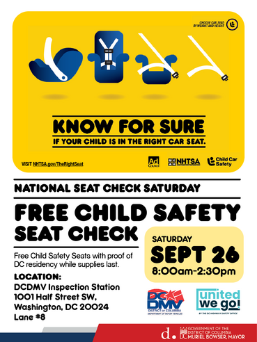 Image invites caregivers to the free child safety seat check on Saturday, September 26.