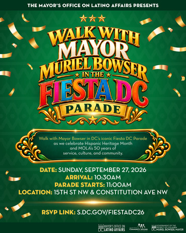 Image invites people to walk in the Fiesta DC Parade with Mayor Bowser.