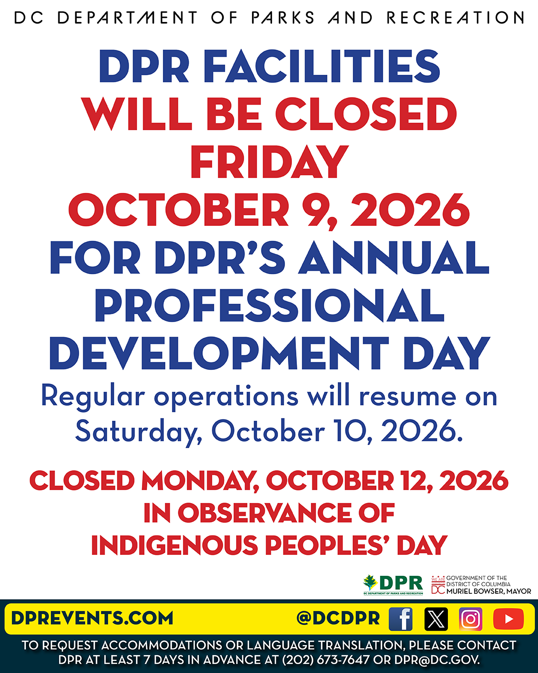 DPR Facilities will be Closed Friday, October 9