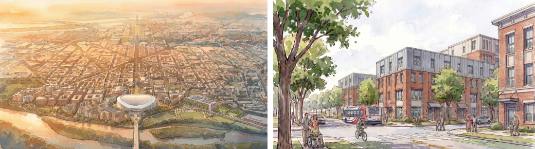 Renderings from RFK Master Plan - aerial view of the full campus and street-level view of the Kingman Commons district