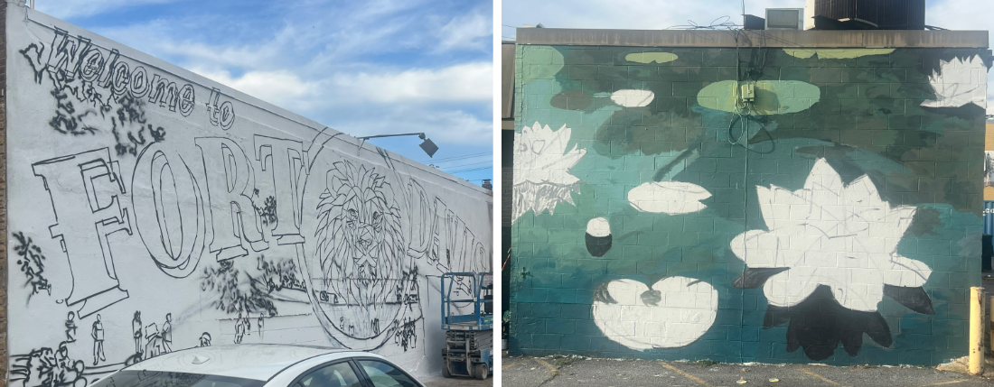 Photos of in-progress murals - an outline that reads FORT DAVIS and a partially painted image of water lilies 