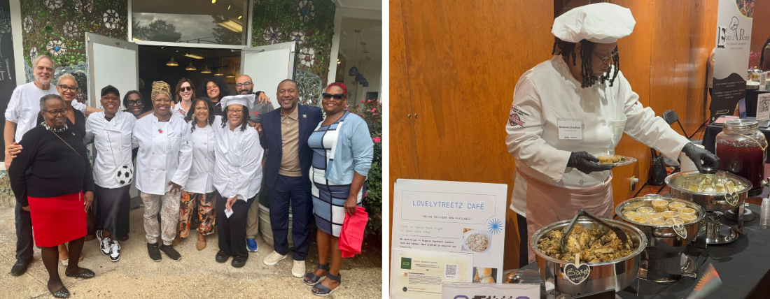 Photos from the shared commercial kitchen opening of a chef cooking and a group posed together