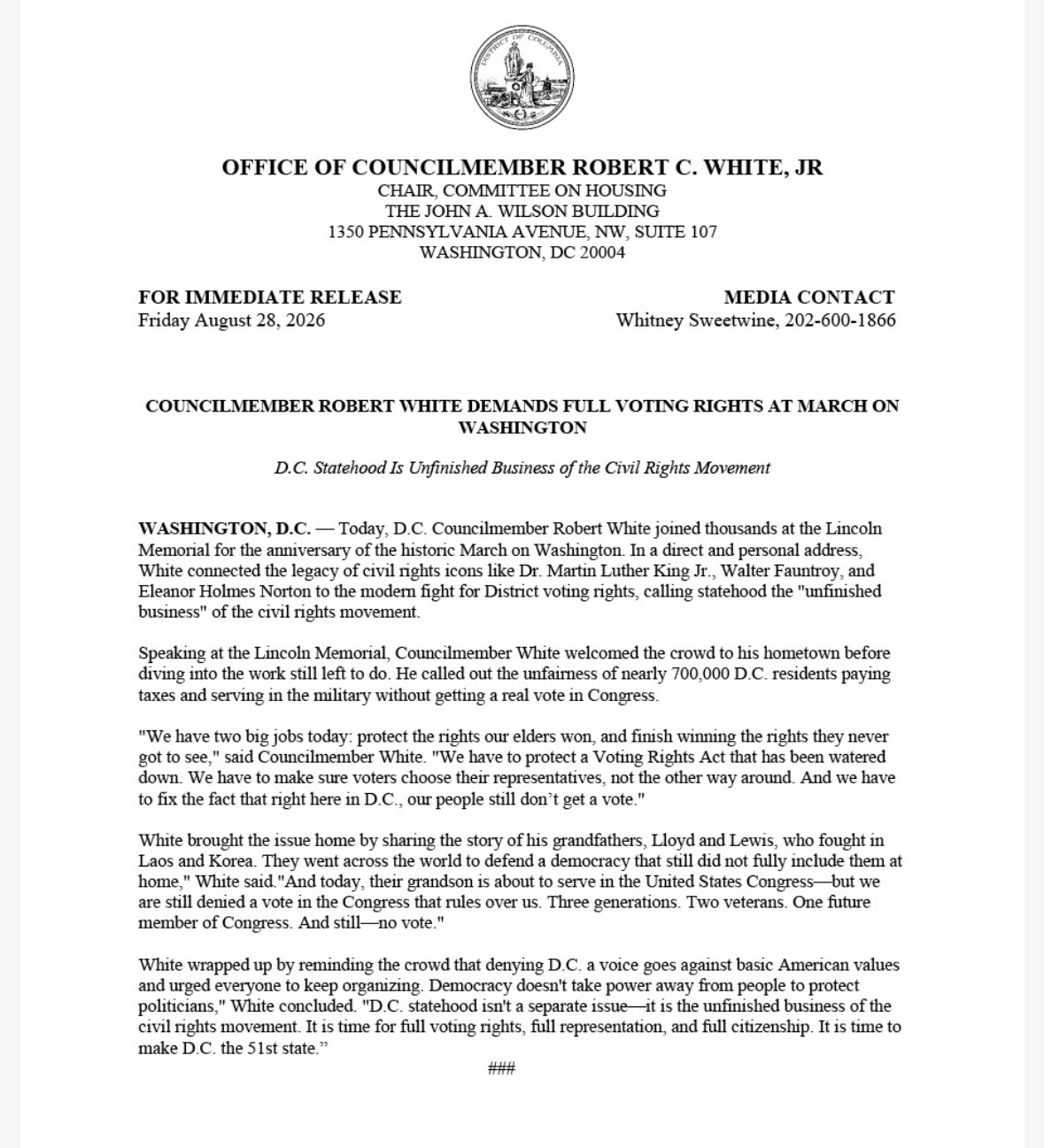 press release march on Washington