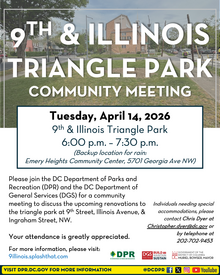 Flyer for DPR public meeting for 9th and Illinois triangle park community meeting April 14 2026 at 6 pm