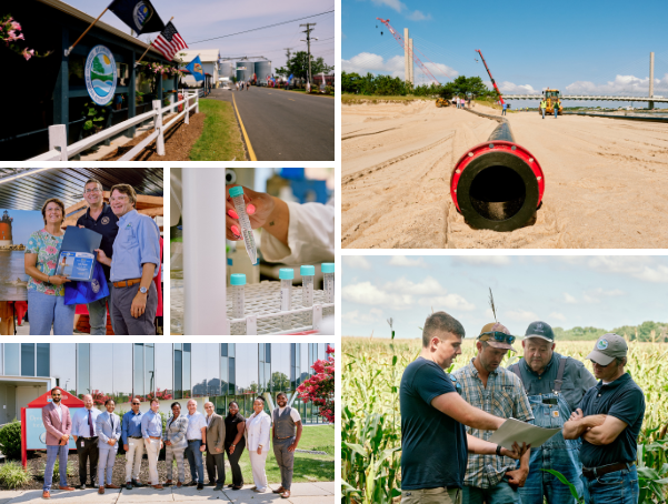 Collage of DNREC Field Trip Fridays showing fair exhibits, lab testing, sand bypass work, DSU visit, and farm field meeting.