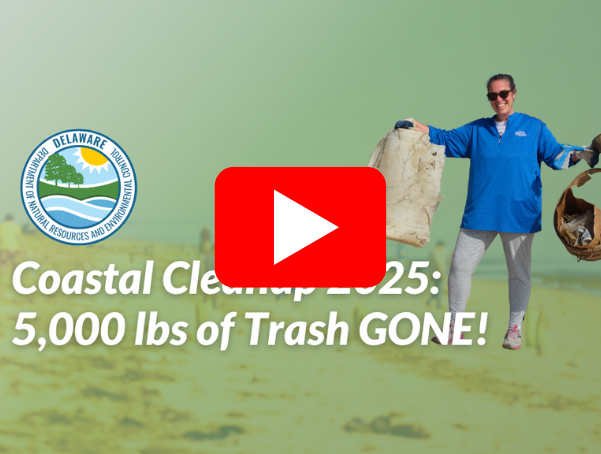 YouTube play button overlays a volunteer next to the text "Coastal Cleanup 2025: 5,000 pounds of Trash Gone!"
