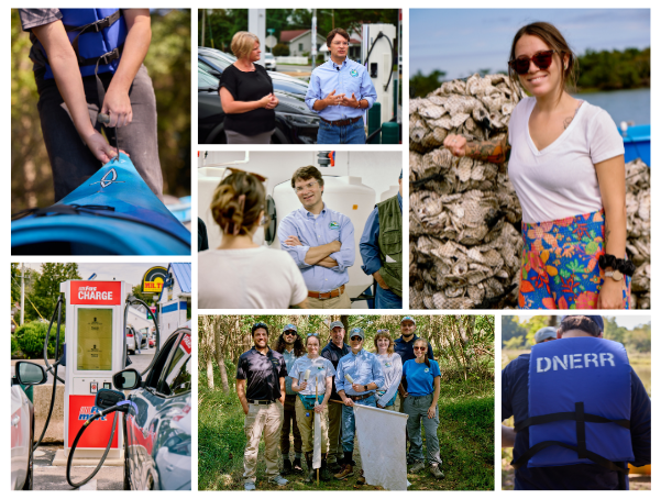 Collage of Field Trip Fridays showing DNREC leaders, staff and partners at multiple sites.