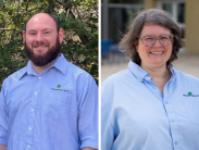 Sean Cain (left) and Jackie Kook (right) stand outdoors, smiling in light blue Delaware State Parks shirts.