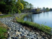 Rock-lined shoreline with marsh grasses along calm water, bordered by trees and a walking path with an industrial facility in the background.