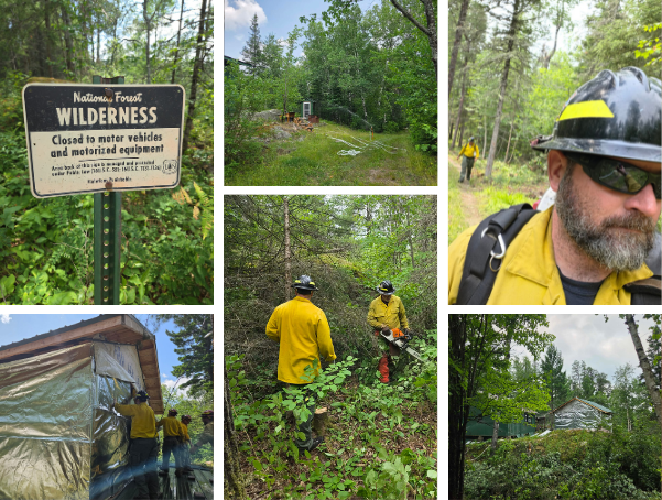 Collage of wildfire crews working in a wooded wilderness area, including clearing vegetation and protecting a structure.