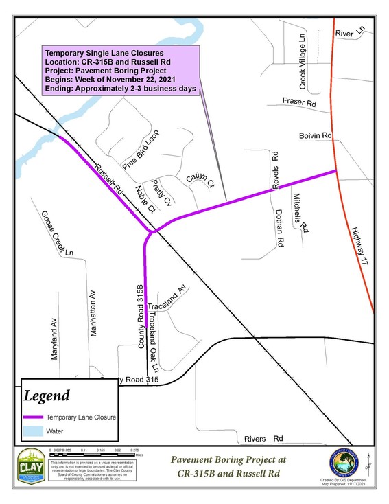 map of lane closures on CR 315B and Russell Road 