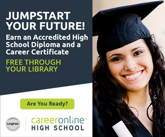 Career Online High School Ad showing smiling female graduate 