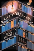 The Cartographers by Peng Shepherd book cover - bookshelves with books in shades of blue