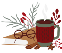 glass by a book and hot drink