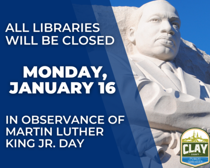 all libraries will be closed January 16 in observance of MLK Jr. Day - MLK Jr. stone statue 