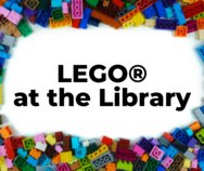 Lego @ the Library with Lego bricks scattered around edge
