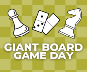 Giant Board Game Day checkerboard pattern with 2 Chess pieces and 2 dominoes