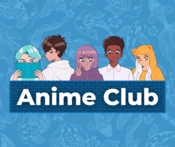 Anime Club banner graphic of 5 teens every other one reading book one holding up fingers in a peace sign, wearing a bear hoodie jacket