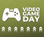 Video Game Day with Controller and 7 upward pointing arrows across bottom