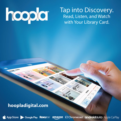 hand touching tablet screen-hoopla Tap into Discover Read Listen &Watch with your library card hoopladigital.com 