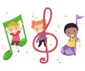 drawn of 3 children holding large musical notes with stars and small notes scattered throughout