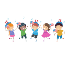 drawn picture of 5 children holding flags and wearing patriotic hats with music notes