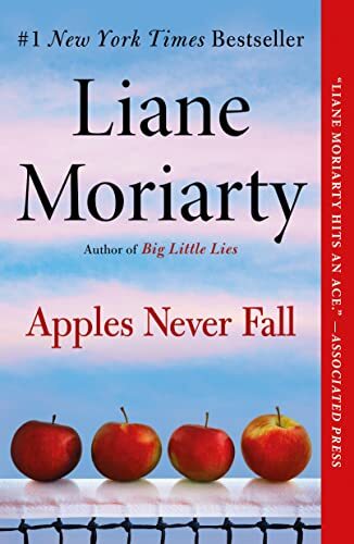 Apples Never Fall by Liane Moriarty Cloudy background with four apples sitting on top edge of tennis net 