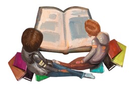 Two children reading large book other books scattered around