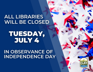 All libraries will be closed on Tuesday, July 4 in observance of Independence Day Image: pile of red white and blue stars