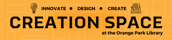 Title Creation Space Orange Park. Wording: Innovate, Design, Create. Image: Lightbulb paper with gears 
