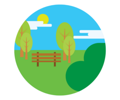 Circle Graphic containing park bench with trees sunny sky