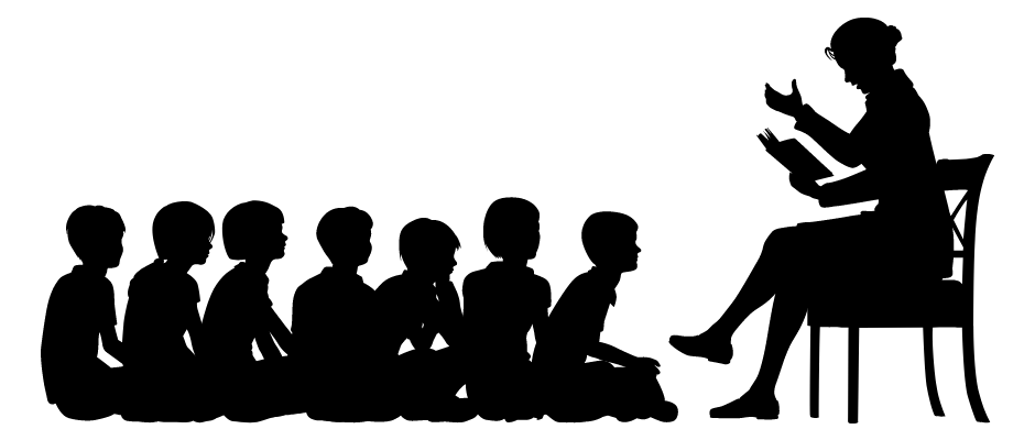 Silhouette of children sitting on floor listening to adult reading