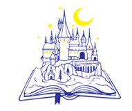 Open book with Outline of Hogwarts moon and stars on top of open pages