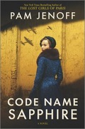 Book Cover Code Name Sapphire by Pam Jenoff Image: Woman with coat looking over her shoulder with shadows of WWII planes across wall