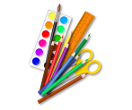 pile containing watercolor paints, paintbrush, colored pencils, ruler and scissors