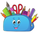 Zippered pencil bag with smiling face holding colored pencils, ruler, paint brush, markers and scissors