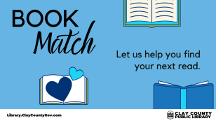 Book Match Let us help you find your next read.  Image book graphics with hearts.