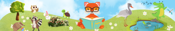 Animal friends: Fox reading book, Crane, Alligator, Dragonfly, Raccoon, Armadillo, Owl, Bunny, Turtle