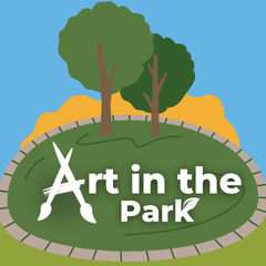 Art in the Park - stone circle with 2 trees and bushes in the background