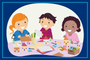 Drawing of children at table with art supplies