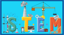 S with science equipment, T with computer and robot, E with Crane and building equipment, M with Calculator and Math tools