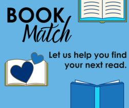 Book Match-Let us elp you find your next read. Image 3 open books one with 2 hearts 