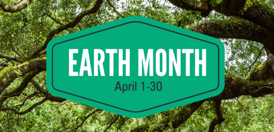 Earth month logo, with photo of sprawling live oak branches