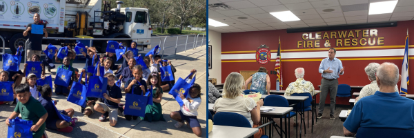 people receiving recycling bags, the mayor speaking at a neighborhood event