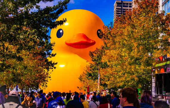 worlds largest duck behind trees