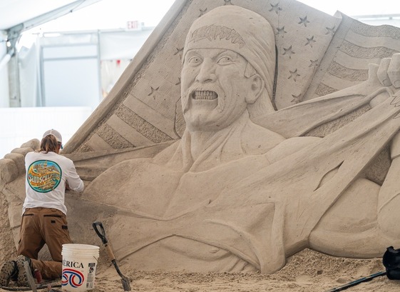 Photo of a sand sculpture of Hulk Hogan at the 2026 Pier 60 Sugar Sand Festival