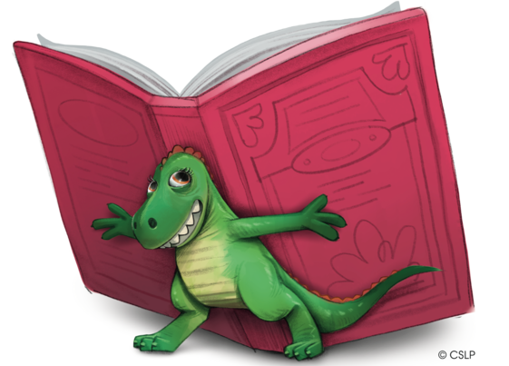 This is an image of a dinosaur holding a large book