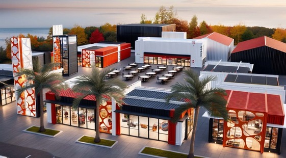 This is a rendering image of The Grove in North Greenwood, modern buildings with white and orange accents