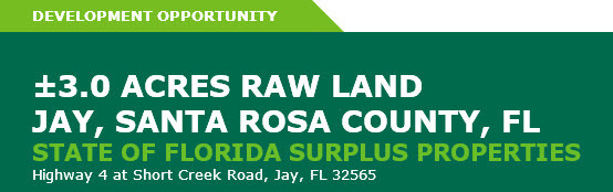 Surplus property for sale three acres more of less located in the City of Jay, Santa Rosa County Florida.